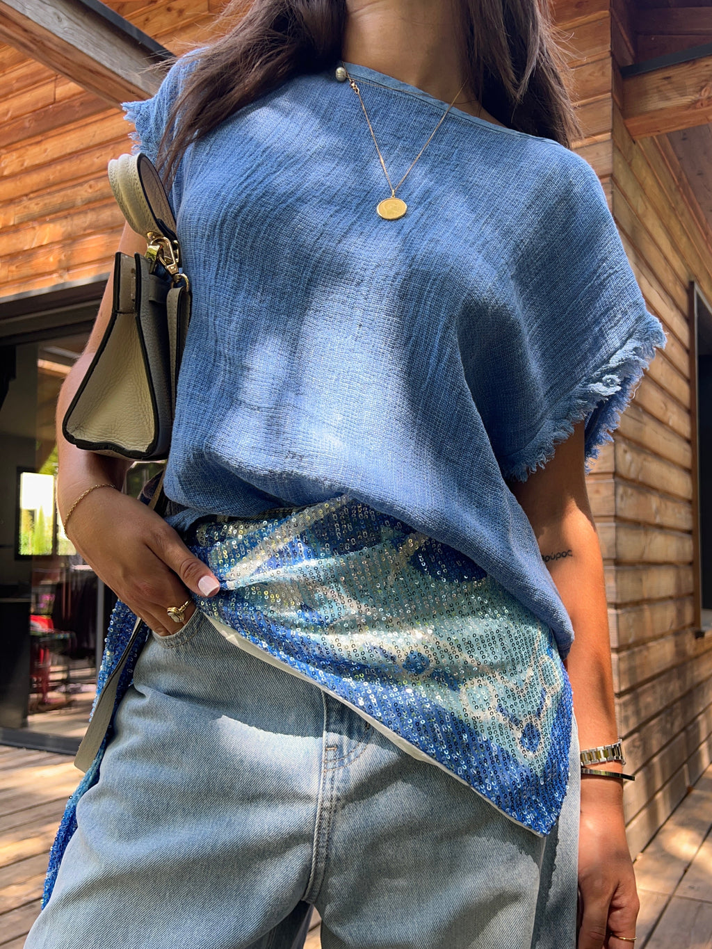 Top Sequins bleu taille